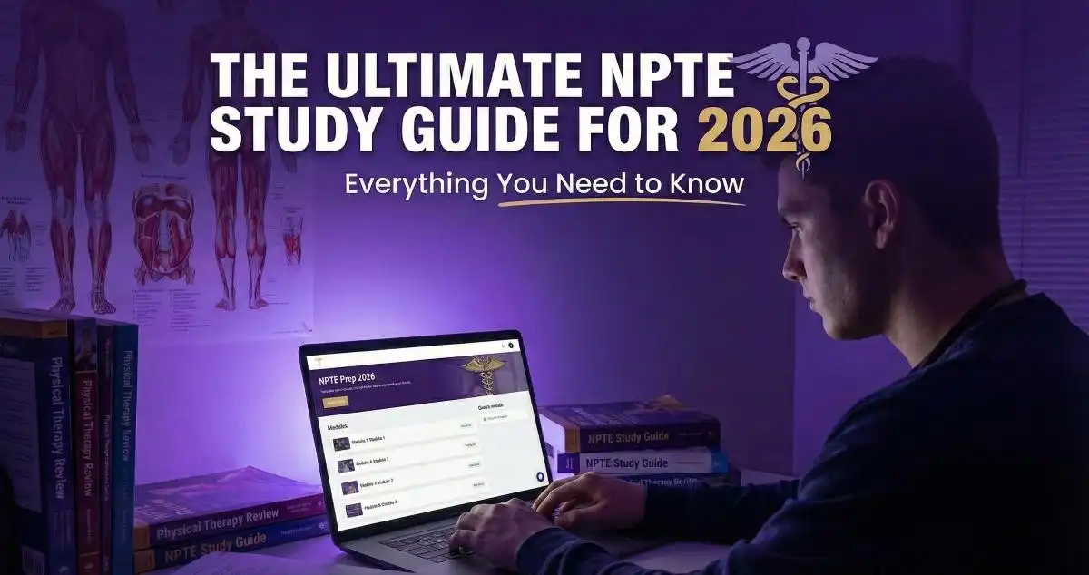 Student studying for NPTE exam with books and laptop